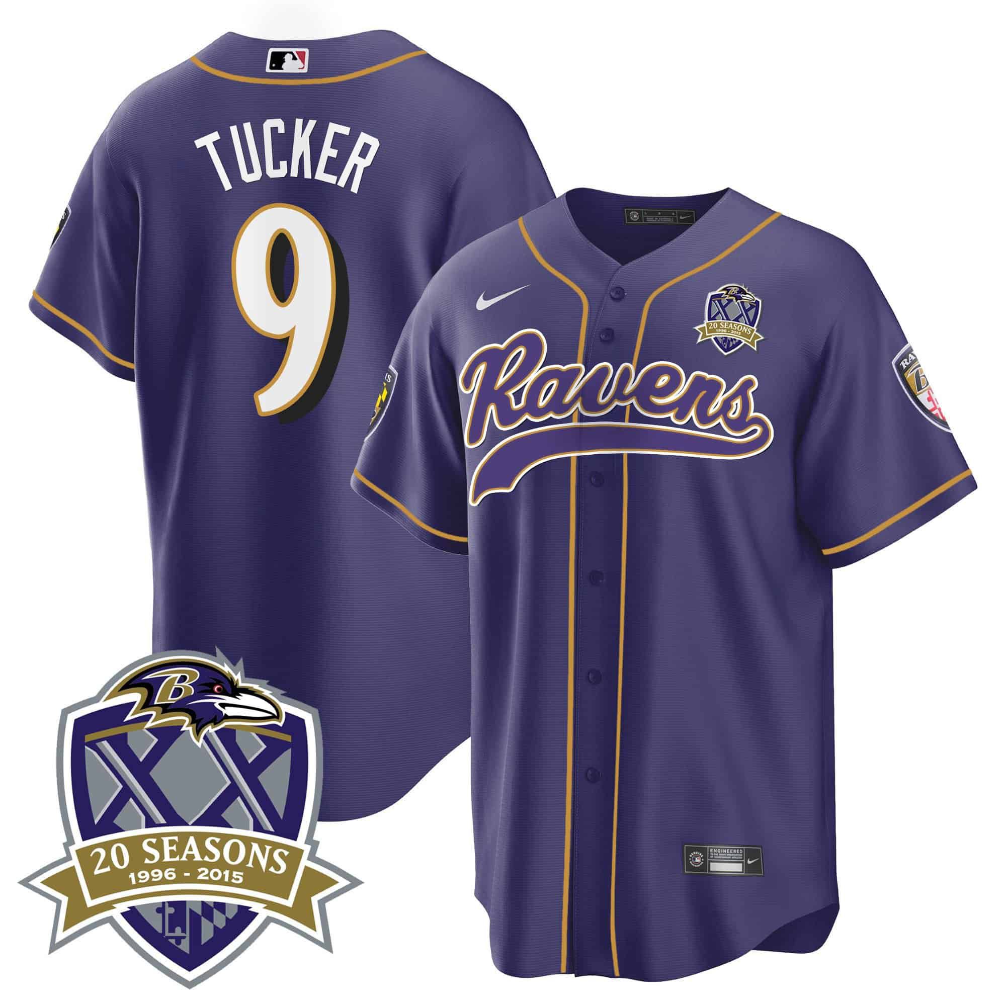 Men Baltimore Ravens 9 Tucker Purple 2024 Nike 20th Season Patch Baseball NFL Jersey style 1